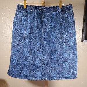 Studio West Blue Black Floral Denim A-Line Skirt Large 100% Cotton